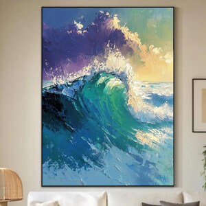 Ocean Wave Oil Painting Handmade Thick Textured Seascape Wall Art Blue Green Hues Modern Coastal Decor for Living Room Unique Canvas Art