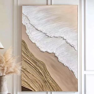 Vagues de l'océan Peinture abstraite sur toile Art mural texturé 3D Peinture épaisse texturée vagues de la mer Peinture abstraite beige Art mural wabi-sabi