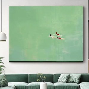 Schwimmende Mädchen im Pool Wand Kunst drei Frauen schwimmen in den grünen Pool Ölgemälde Schwimmbad Leinwand Kunst Schwimmbad Wanddekor