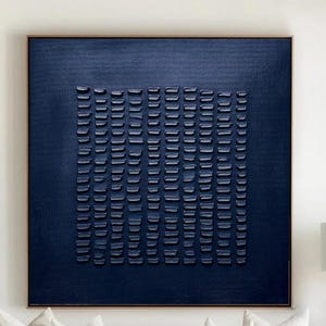 Peinture à l'huile texturée 3D bleue originale sur toile, peinture à l'huile d'art minimalisme neutre pour le salon, art mural wabi-sabi plus grand texturé 3D