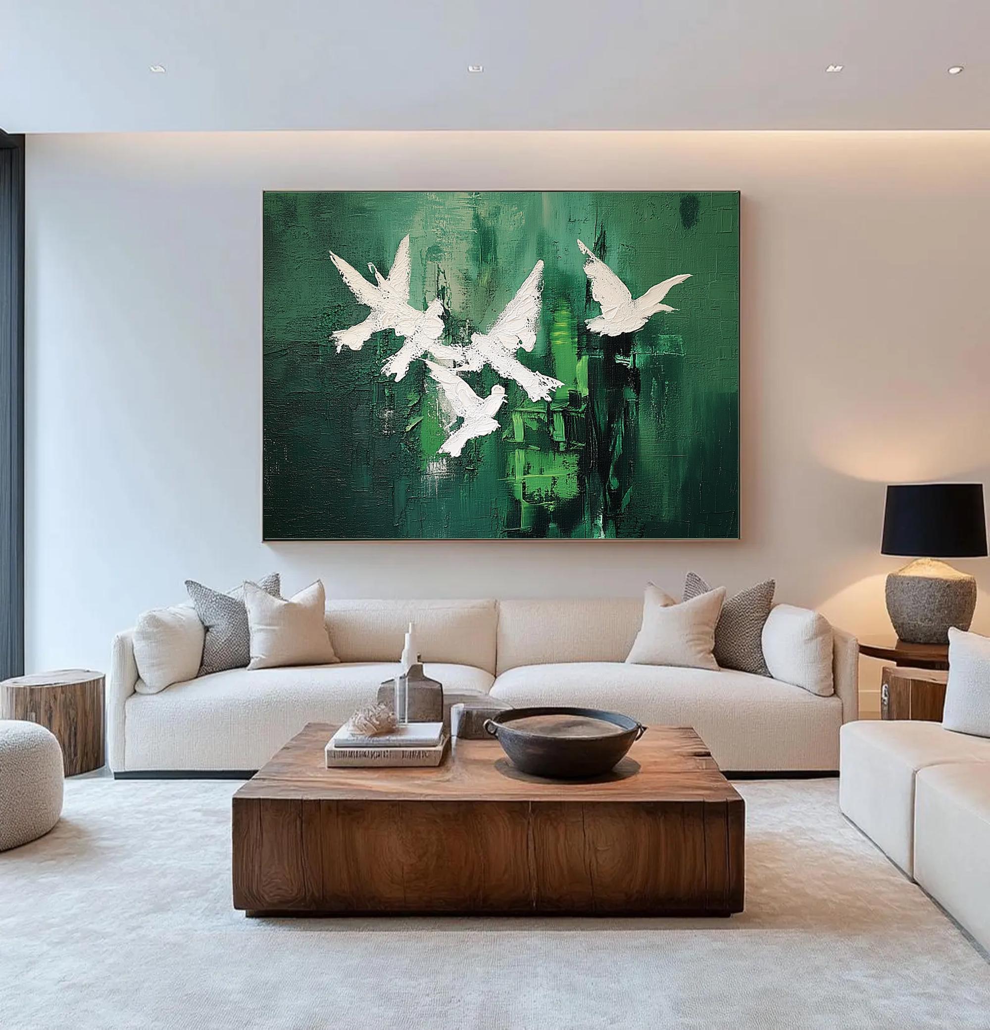 質感のある白い鳩の油絵：深緑の現代抽象画 - Etsy 日本