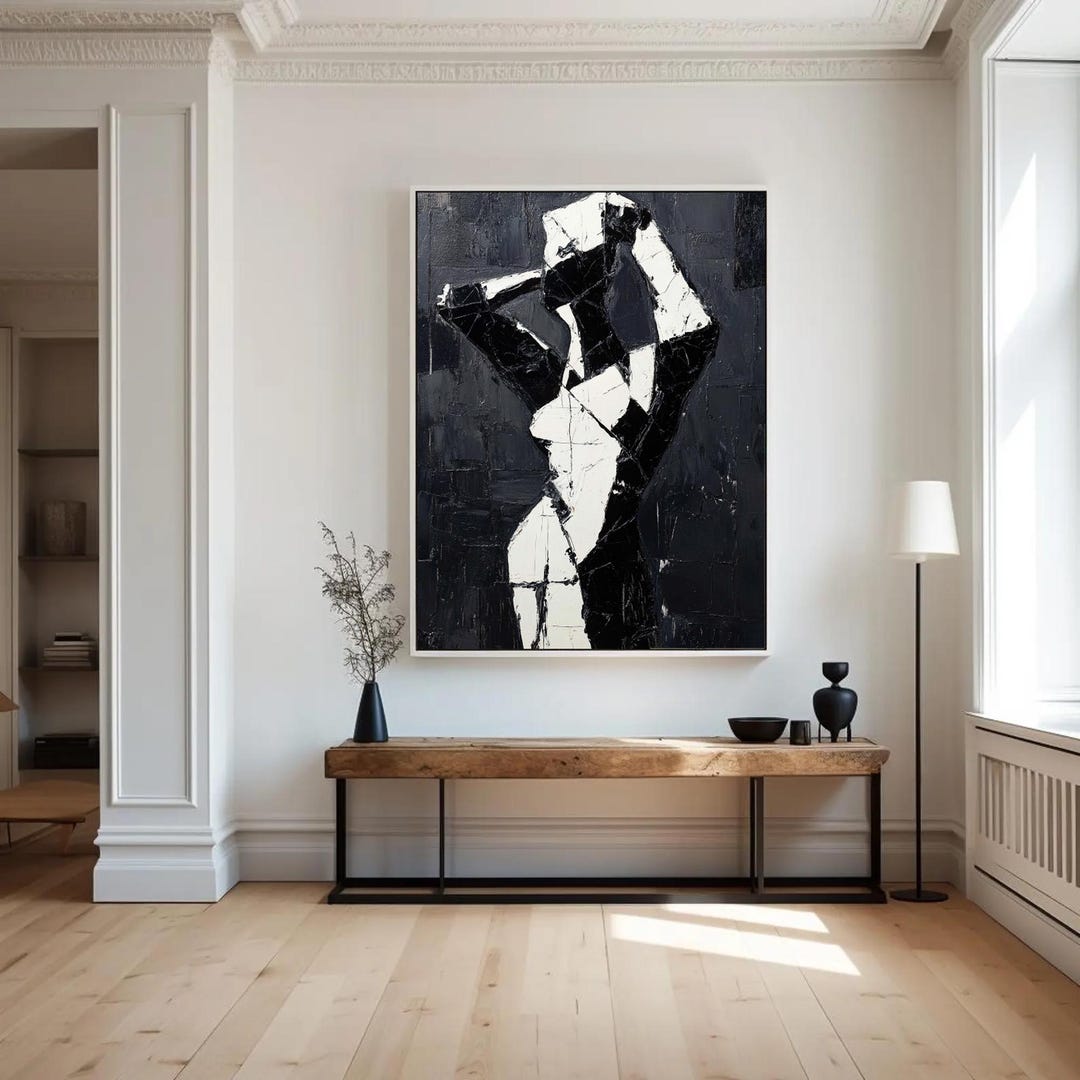Abstract Black & White Figure Oil Art Textured Minimalist Wall Decor ...