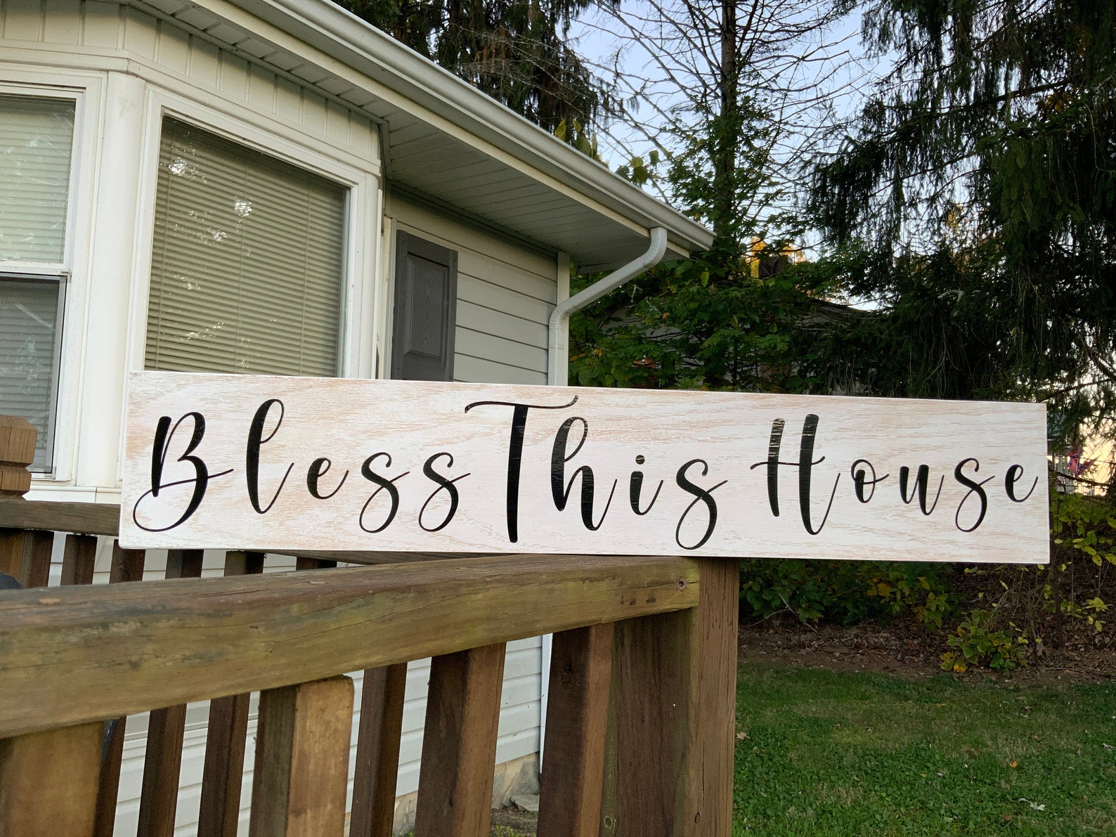 Bless this house sign. White distressed oak wood. Etsy
