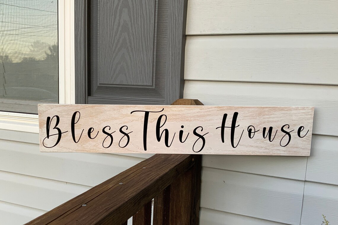 Bless this house sign. White distressed oak wood. Etsy