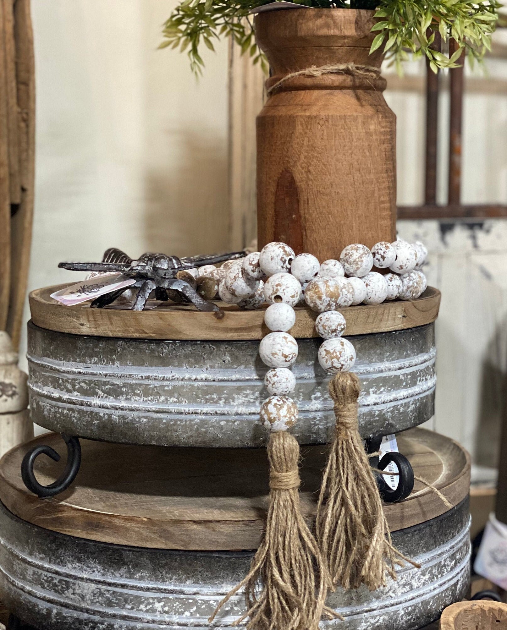 Distressed Farmhouse Boho Decor Wood Bead Garland 40" or 64"
