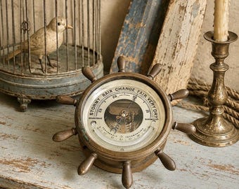 Vintage French brass barometer, French maritime history decor for coastal or nautical home, office, library , heavy French brass piece