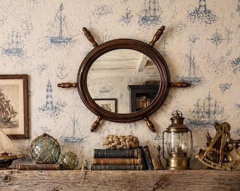 Espejo de timón de barco náutico vintage, espejo de timón de barco de madera de mediados de siglo, espejo náutico vintage, espejo de timón de barco grande