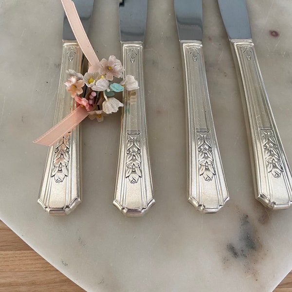 Antique silver dinner knives,ornate antique silver flatware,holiday dinner flatware,shabby chic dinner ware,French country cottage silver