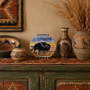 May include: A round, flat ceramic vase featuring a black bison silhouette painted against a colorful landscape of yellow, orange, and blue. The vase has a black and white striped top and bottom edge, displayed alongside other decorative pottery vessels.