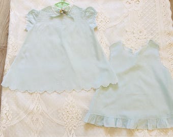Vintage baby clothes,1940s light mint green and white cotton embroidered baby party dress and slip,vintage baby dress set,baby dress