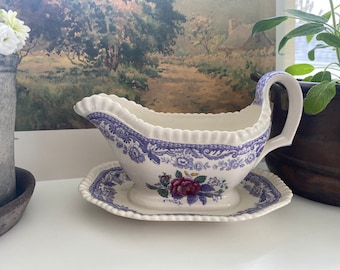 Vintage Spode Mayflower gravy boat with attached underplate, cottage core English China,antique Spode serving piece, lavender English piece