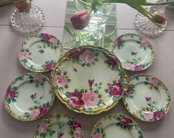 Vintage hand painted pink and burgundy roses cake plate and dessert plates,shabby chic dessert set, gorgeous hand painted serving pieces