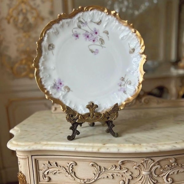 2 Rare french plates muted purple and gold French Elite China,romantic ,antique 1880s gorgeous French countryside,Higgins and Seiter plates
