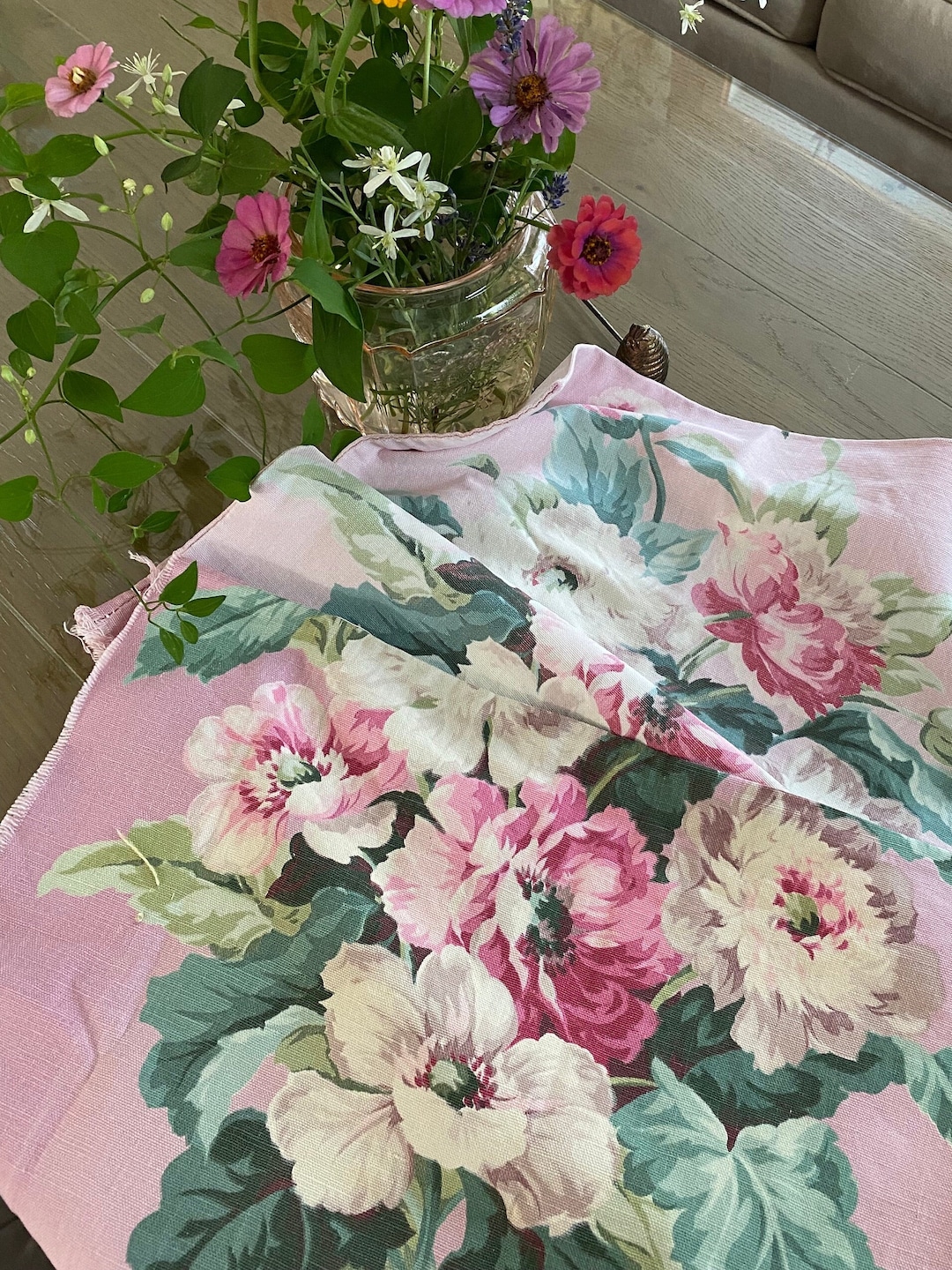 Gorgeous Linen Vintage Floral Roses Pink Shabby Chic Linen Fabric Small ...