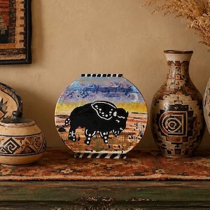 Vintage studio pottery hand-painted vase with Buffalo landscape moon,pacific southwestern folk art Native American theme in gorgeous colors