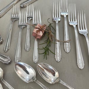 May include: An assortment of silver-colored flatware, including forks, spoons, and knives, arranged on a light gray surface. A small, wrapped gift box and sprigs of greenery are interspersed among the utensils, suggesting a festive or celebratory theme.