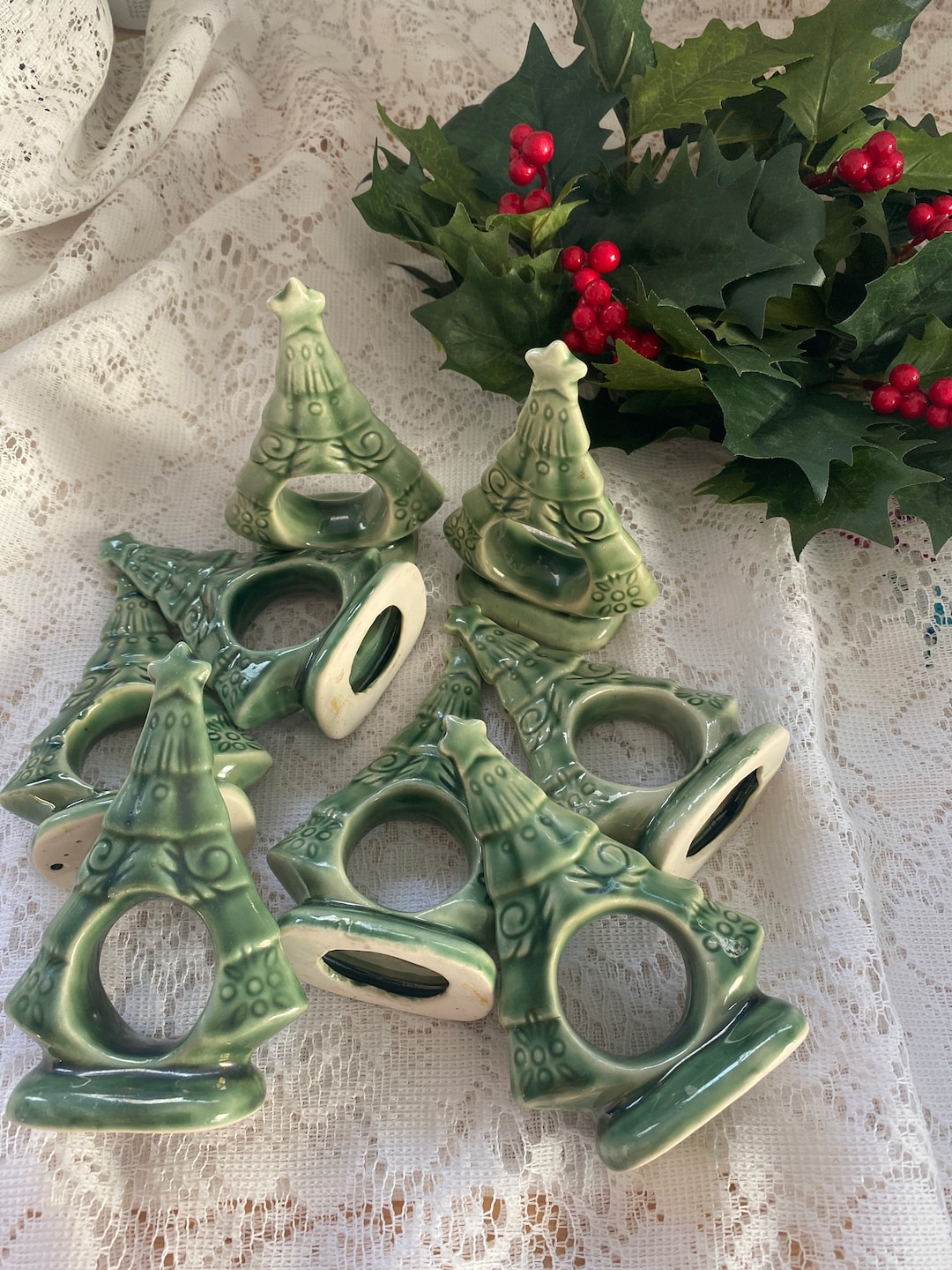 8 Vintage Ceramic Christmas Tree Napkin Holders, Christmas Trees for