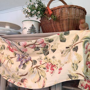Vintage pale yellow and pink and purple lined  floral and fruit valance,French country kitchen curtain valance