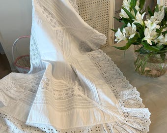 Antique French monogrammed lace embroidered pillow topper, antique bed linen, white French pillow slip piece