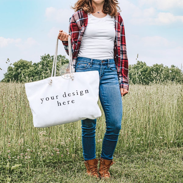 Tote Bag Mockup | Country and Farm Scene | Blank Tote Bag with Rope Handles | Cute Canvas Tote Bag | JPEG Styled Stock Photos