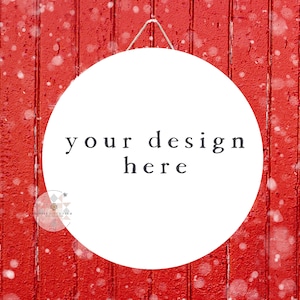 Winter Porch Sign Mockup | Snowy Farmhouse Theme with Red Barn Background | Blank Wood Sign Mockup |