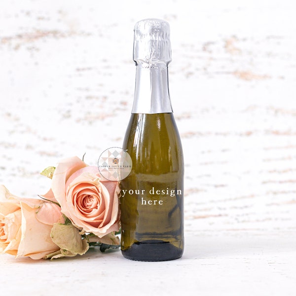 Mini Champagne Bottle Labels Mockup | Romantic Roses Scene | Blank Champagne Bottle Mockup |