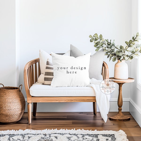 White Square Pillow Mockup | Blank White Pillow | Simple Living Room Scene | JPEG Product Photography | PSD File
