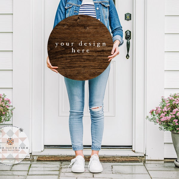 Stained Rustic Door Sign Mockup | Blank Wood Sign Mockup | Welcome Sign for Front Porch | JPEG Styled Stock Photo