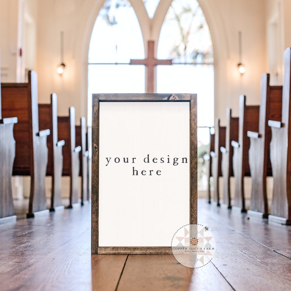 Wood Frame Mockup | Church Interior Scene | 12x18 Farmhouse Wood Sign | JPEG Styled Stock Photos