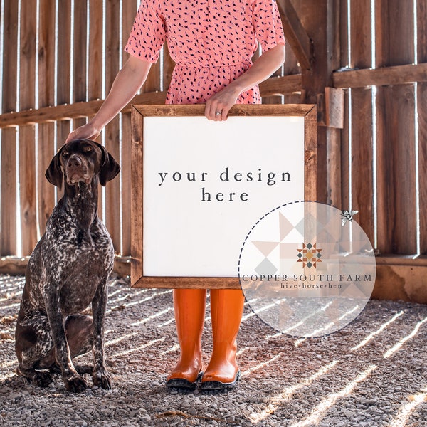 24x24 Wood Frame Mockup | Farmhouse Dog Decor Scene | Blank Wood Sign | JPEG Styled Stock Photos
