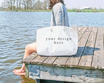 Tote Bag Mockup | Lake House Scene | Blank Tote Bag with Rope Handles | Canvas Tote Mockup | JPEG Styled Stock Photos