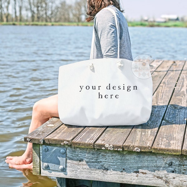 Tote Bag Mockup | Lake House Scene | Blank Tote Bag with Rope Handles | Canvas Tote Mockup | JPEG Styled Stock Photos