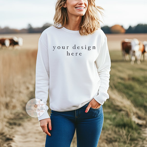 Crewneck Sweatshirt Mockup | Blank White Sweatshirt | Simple Farm Scene | JPEG Product Photography