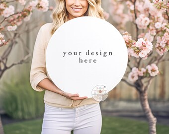 Wood Sign Mockup | Spring Theme | Round Blank Farmhouse Sign | JPEG Product Photography