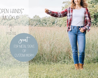 Model in Farm Field | Right Hand Open for Custom Signage | JPEG and PSD Files | Metal Wall Art Words Holder