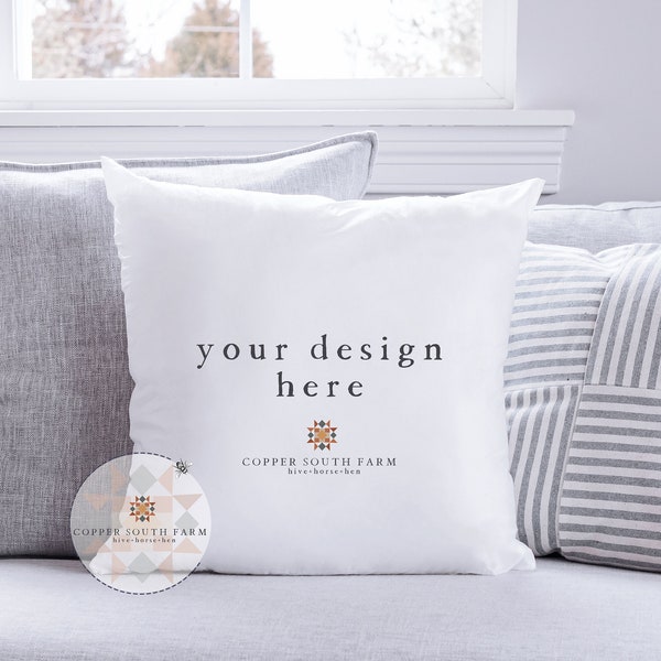 White Square Pillow Mockup | 18x18 Plain Pillow on Couch | Neutral Pillow Scene | JPEG Styled Stock Photos