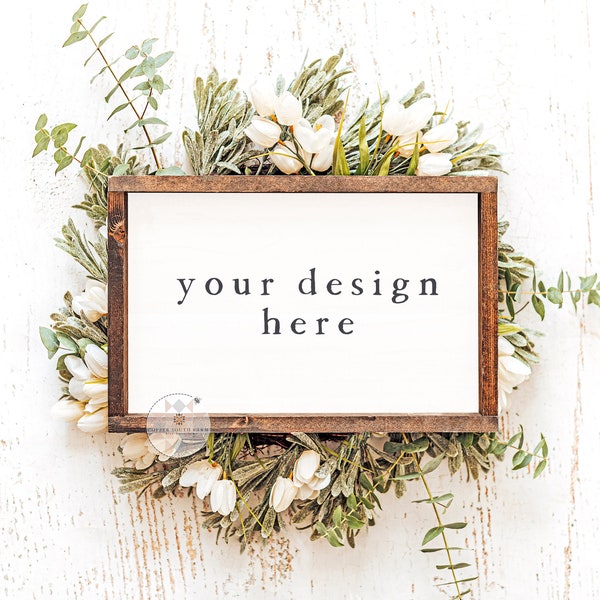 12x18 Horizontal Blank Farmhouse Sign | Simple Blooming Spring Scene | Wood Sign Mockup | JPEG Image Mockup