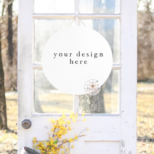 White Blank Rustic Door Sign | Blank Wood Sign Mockup with Spring Theme | Welcome Sign for Front Porch | JPEG Styled Stock Photo