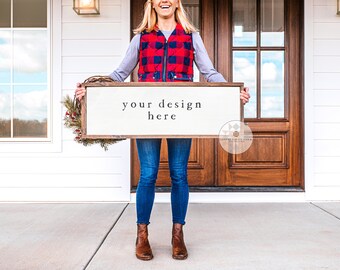 12x36 Farmhouse Sign Mockup | Model on Front Porch | Blank Wood Sign | JPEG Styled Stock Photos