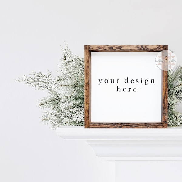 Farmhouse Christmas Theme | 12x12 Blank Wood Sign Mockup | Fireplace Mantle Scene | JPEG Styled Stock Photos