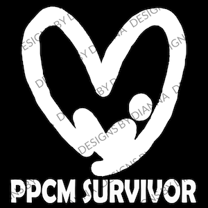 May include: White graphic on a black background. The design features a heart shape with two figures inside, and the text "PPCM SURVIVOR" below. The design is simple and bold, suitable for apparel or accessories.