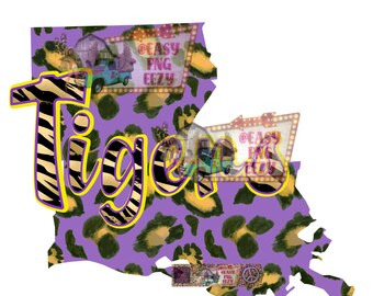 Pode incluir: Design de listras de tigre roxo e amarelo com a palavra "Tigers" em letras amarelas. O fundo é uma estampa de leopardo roxo e amarelo. A imagem é uma silhueta do estado da Louisiana.