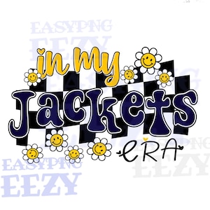 May include: A graphic design with the text "in my jackets era" in a retro style. The text is in yellow and blue with a black and white checkered background. There are yellow smiley faces in white flowers around the text.