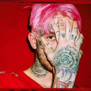 May include: A close-up portrait of a person with pink hair, covering their face with their hand. The hand has several tattoos, including a rose and various symbols. The person has a beard and tattoos on their neck and face.