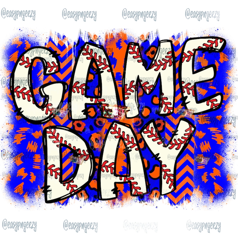 Puede incluir: Dise&ntilde;o gr&aacute;fico con las palabras "GAME DAY" en una fuente con tem&aacute;tica de b&eacute;isbol. Las letras son blanquecinas con costuras rojas, sobre un fondo azul y naranja con patrones de chevron y leopardo.