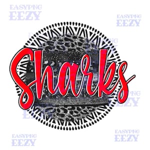May include: A circular graphic with the word "Sharks" in red, outlined in black, over a textured background. The background includes a leopard print design and a black and white tribal pattern border. The word "EASYPNG EEZY" is repeated around the image.