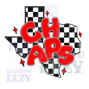 Könnte beinhalten: Roter Text "CHAPS" in einer Blasenschrift über einem schwarz-weißen Karomuster in Form des Bundesstaates Texas. Um den Text herum befinden sich kleine weiße Sterne.