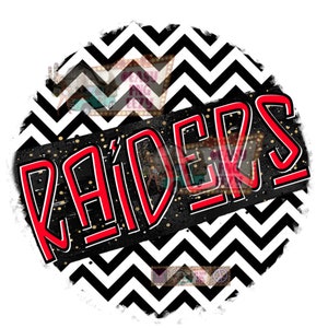May include: A black and white chevron pattern circle with the word "RAIDERS" in red outlined letters. The letters are on a black background with gold glitter.