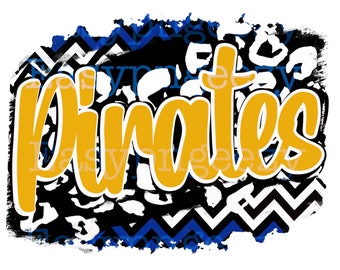 May include: A digital design featuring the word "Pirates" in yellow text on a black and white animal print background with blue and black chevron patterns.