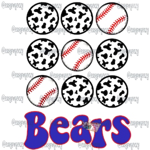 May include: Nine round stickers with a baseball and cow print design. The stickers are white with red stitching and black and white cow print. The word "Bears" is written in blue with a red outline.